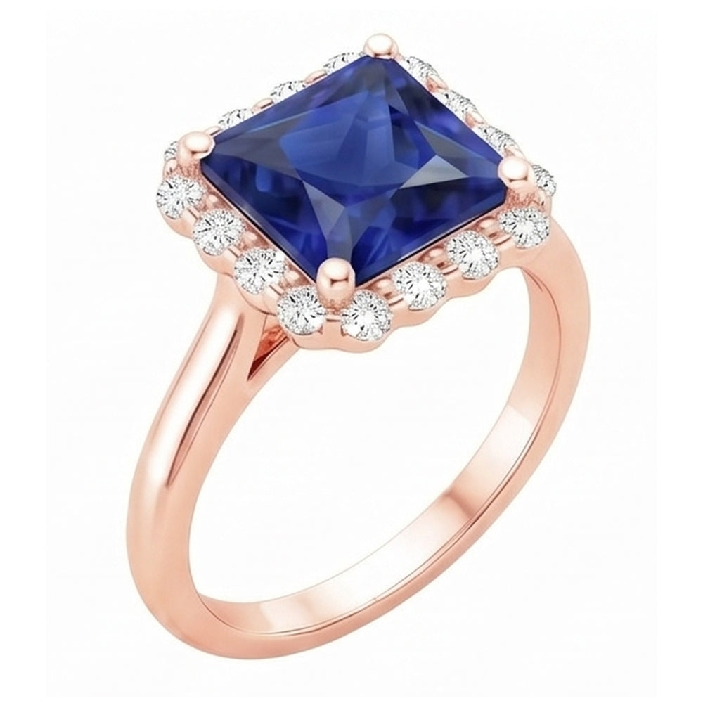 Rose Gold Halo Natural Earth Mined Diamond ( Not Lab Grown ) Engagement Ring With Ceylon Sapphire 6 Carats