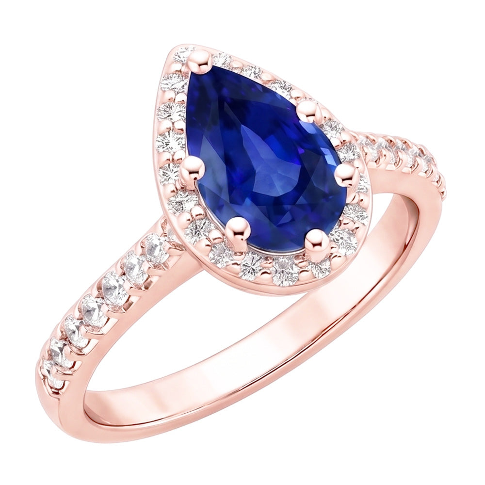 Rose Gold Halo Ring Pear Blue Sapphire & Natural Earth Mined Diamond ( Not Lab Grown )s 3.50 Carats