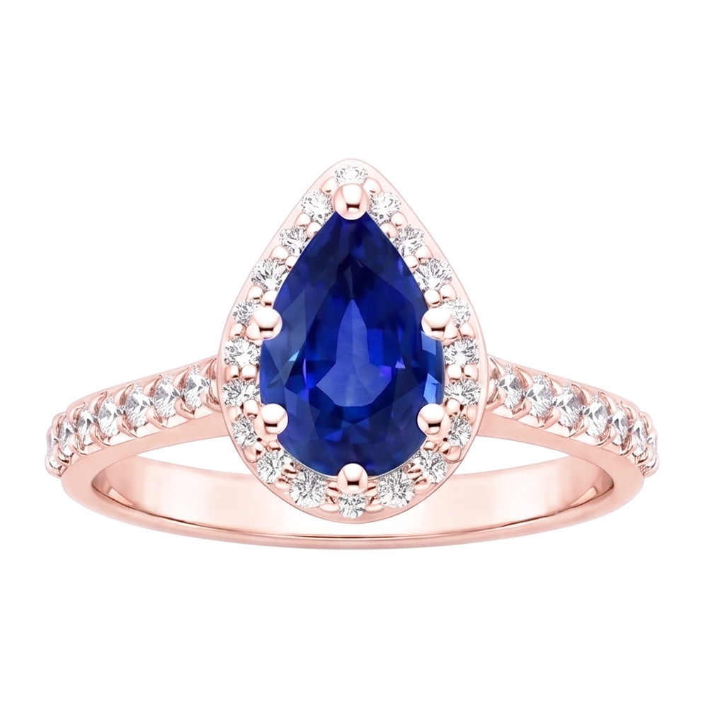 Rose Gold Halo Ring Pear Blue Sapphire & Natural Earth Mined Diamond ( Not Lab Grown )s 3.50 Carats