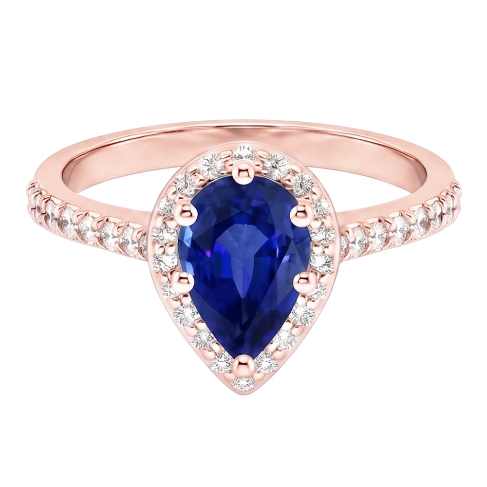 Rose Gold Halo Ring Pear Blue Sapphire & Natural Earth Mined Diamond ( Not Lab Grown )s 3.50 Carats