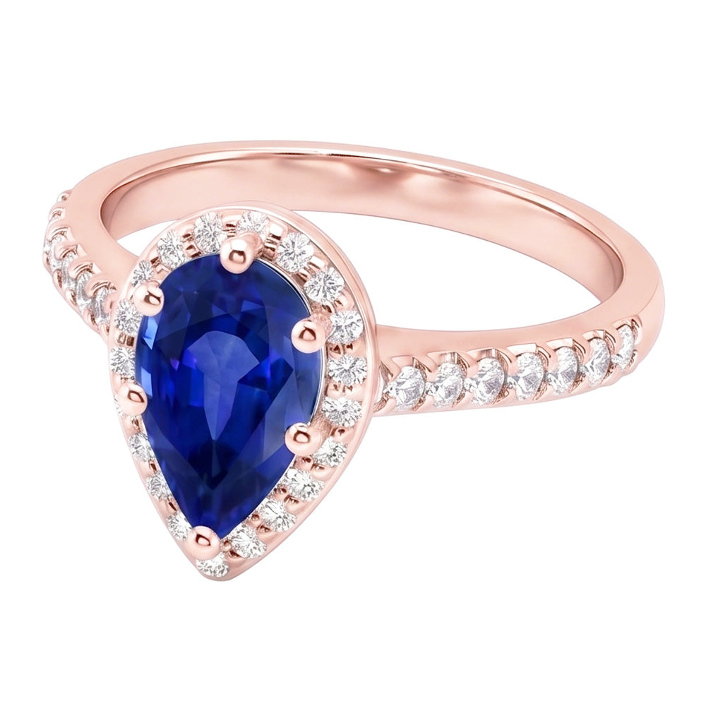 Rose Gold Halo Ring Pear Blue Sapphire & Natural Earth Mined Diamond ( Not Lab Grown )s 3.50 Carats