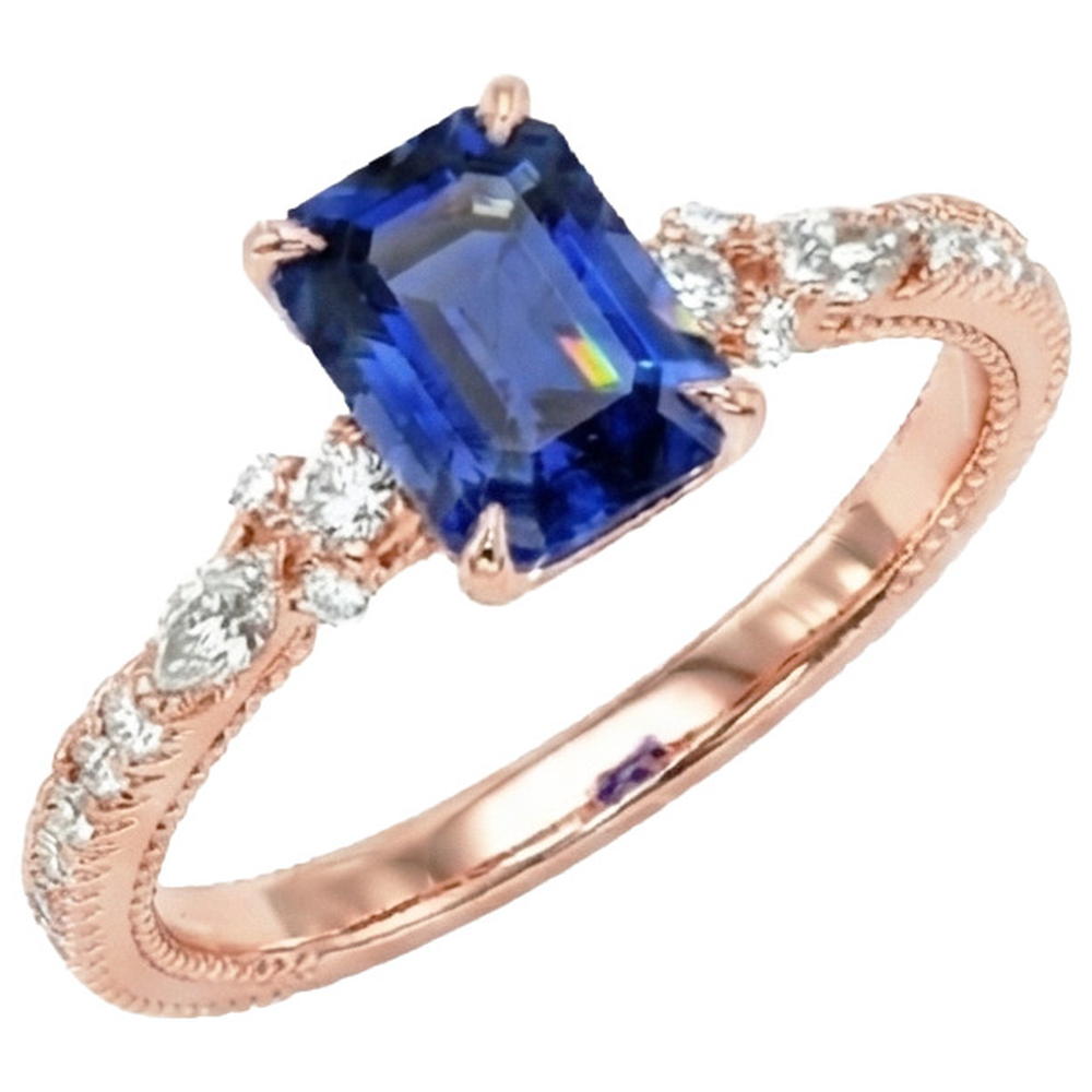 Rose Gold Natural Earth Mined Diamond ( Not Lab Grown ) Pave Setting Ring Radiant Blue Sapphire 4 Carats