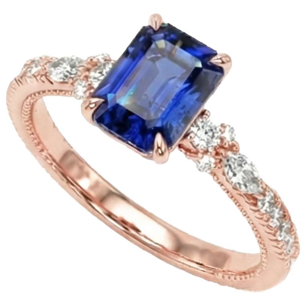 Rose Gold Natural Earth Mined Diamond ( Not Lab Grown ) Pave Setting Ring Radiant Blue Sapphire 4 Carats