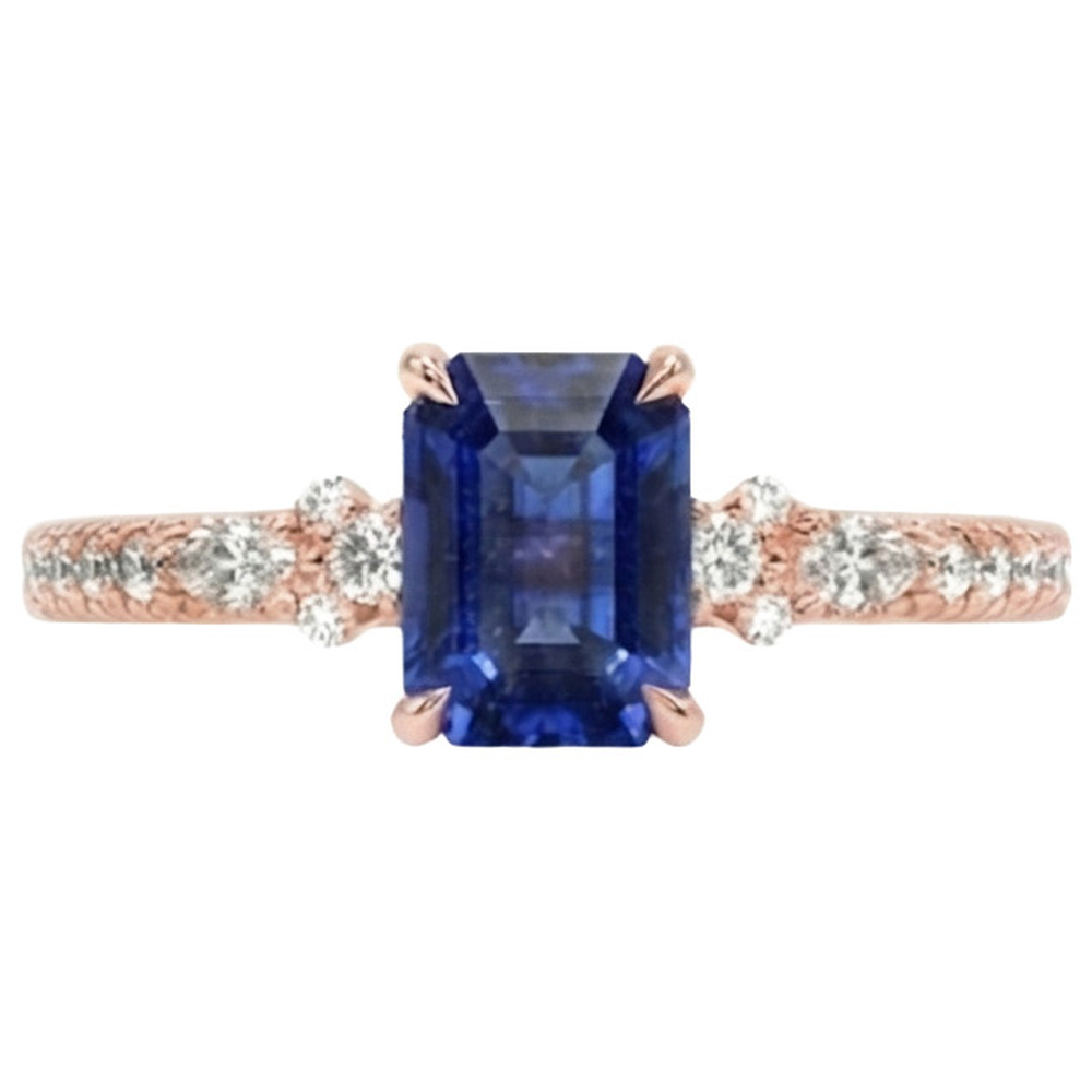 Rose Gold Natural Earth Mined Diamond ( Not Lab Grown ) Pave Setting Ring Radiant Blue Sapphire 4 Carats