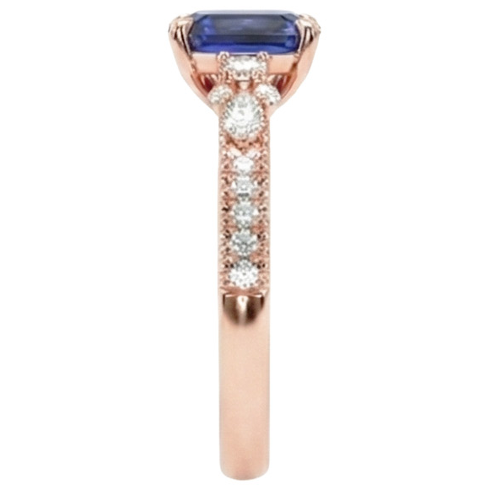 Rose Gold Natural Earth Mined Diamond ( Not Lab Grown ) Pave Setting Ring Radiant Blue Sapphire 4 Carats
