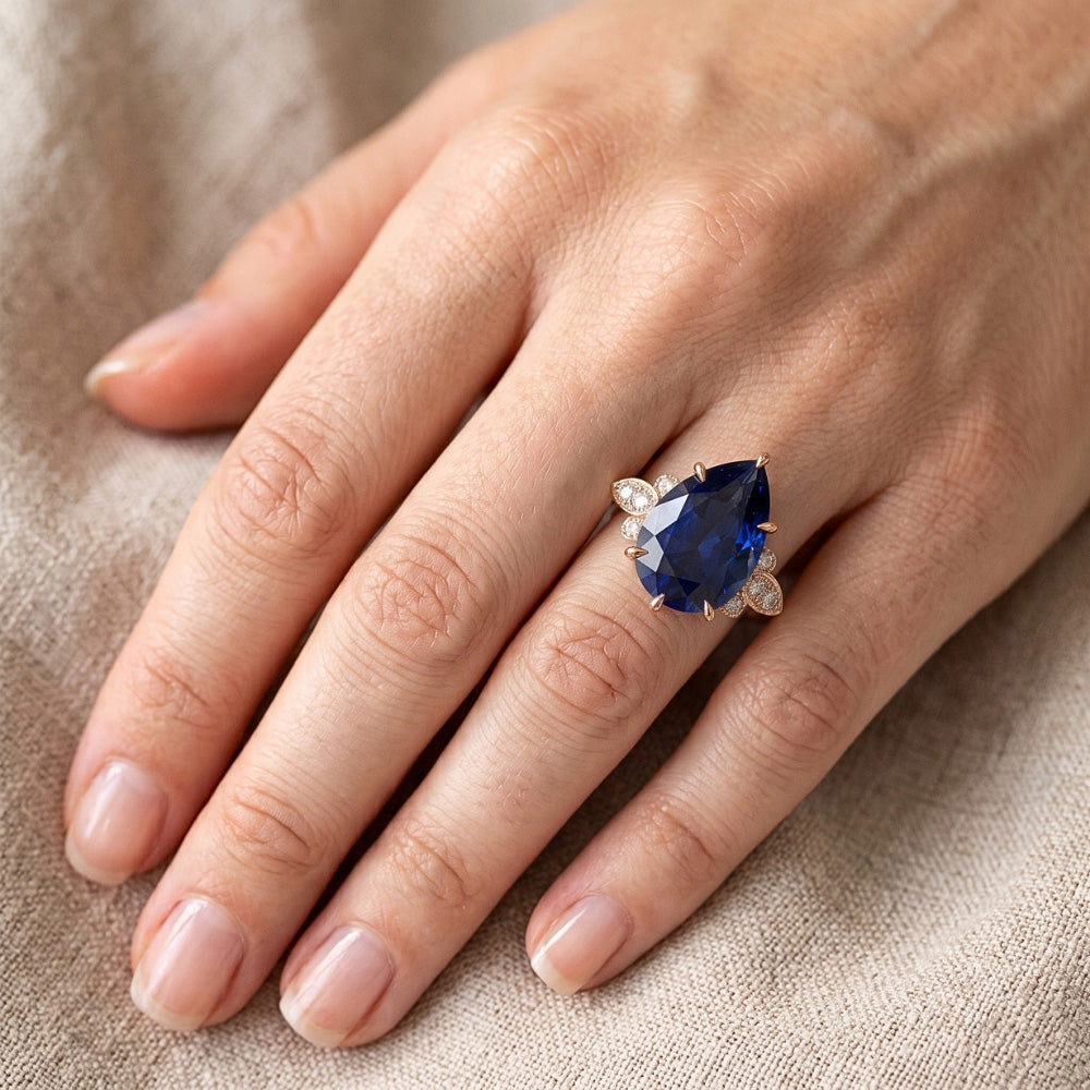 Rose Gold Natural Earth Mined Diamond ( Not Lab Grown ) Engagement Ring Pear Cut Ceylon Sapphire 7.25 Carats