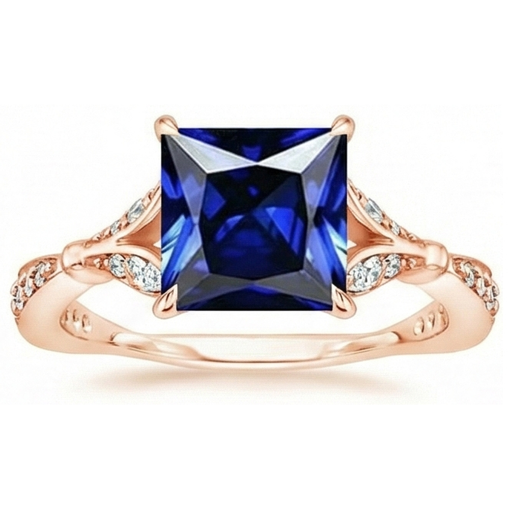 Rose Gold Ring With Accents Princess Cut Blue Sapphire 5.50 Carats