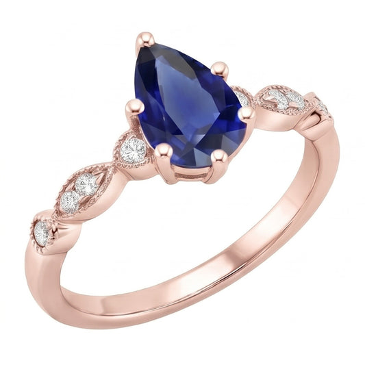 Rose Gold Sapphire Ring Vintage Style Pear & Round Natural Earth Mined Diamond ( Not Lab Grown )s 4 Carats