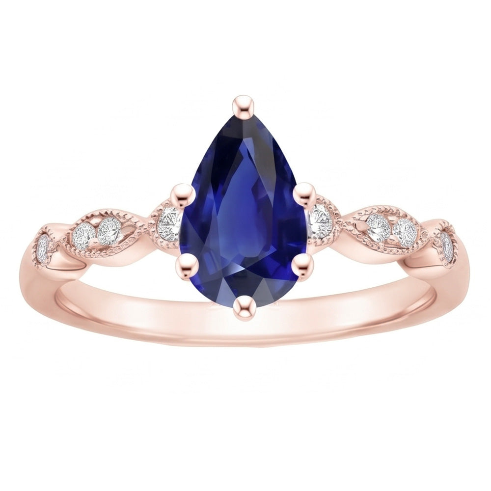 Rose Gold Sapphire Ring Vintage Style Pear & Round Natural Earth Mined Diamond ( Not Lab Grown )s 4 Carats
