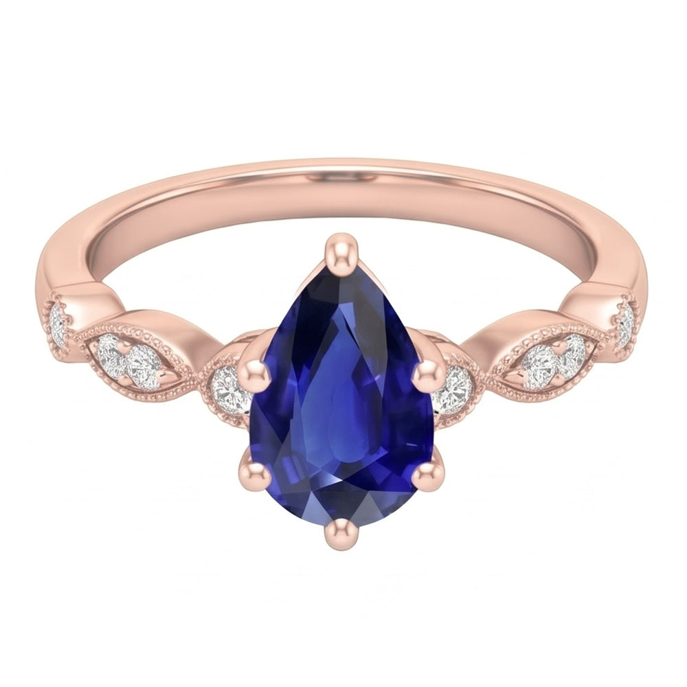 Rose Gold Sapphire Ring Vintage Style Pear & Round Natural Earth Mined Diamond ( Not Lab Grown )s 4 Carats