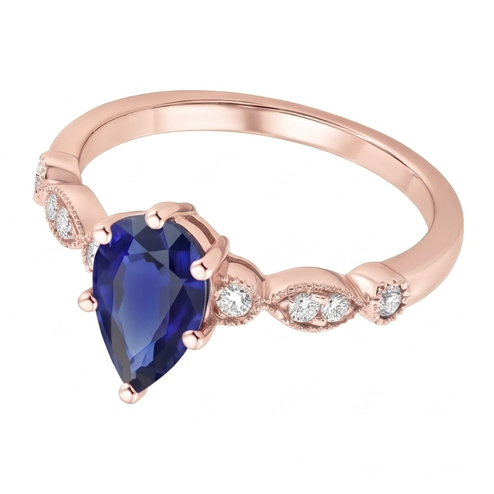 Rose Gold Sapphire Ring Vintage Style Pear & Round Natural Earth Mined Diamond ( Not Lab Grown )s 4 Carats