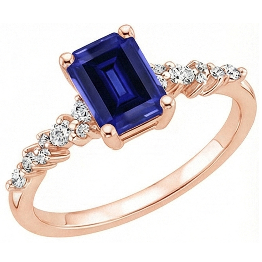 Rose Gold Solitaire Accents Ring Blue Sapphire & Natural Earth Mined Diamond ( Not Lab Grown ) 3.50 Carats