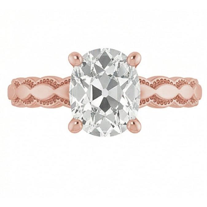 Rose Gold Solitaire Ring Real Oval Old Mine Cut Natural Earth Mined Diamond ( Not Lab Grown ) 3.25 Carats
