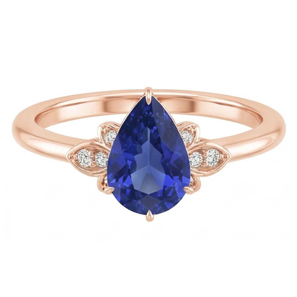 Rose Gold Solitaire With Accents Ring Pear Ceylon Sapphire 3 Carats