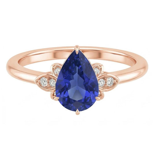 Rose Gold Solitaire With Accents Ring Pear Ceylon Sapphire 3 Carats