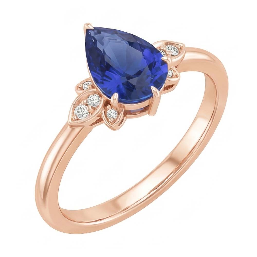 Rose Gold Solitaire With Accents Ring Pear Ceylon Sapphire 3 Carats
