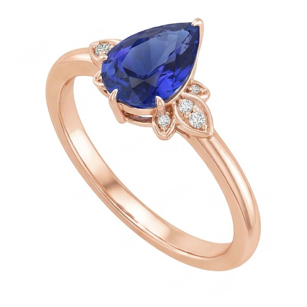 Rose Gold Solitaire With Accents Ring Pear Ceylon Sapphire 3 Carats