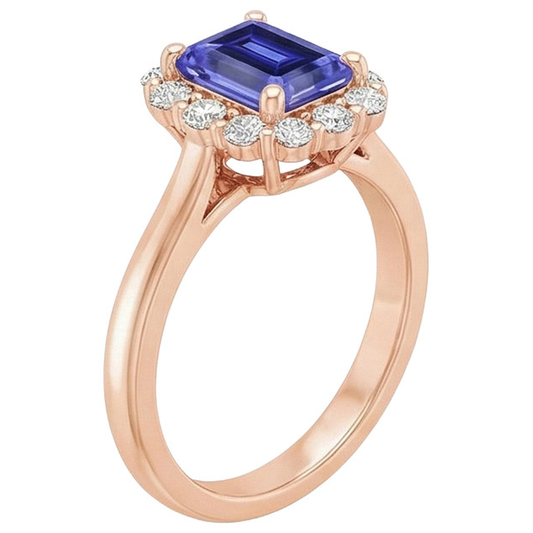Rose Gold Women's Halo Ceylon Sapphire Emerald & Natural Earth Mined Diamond ( Not Lab Grown ) Ring 4 Carats