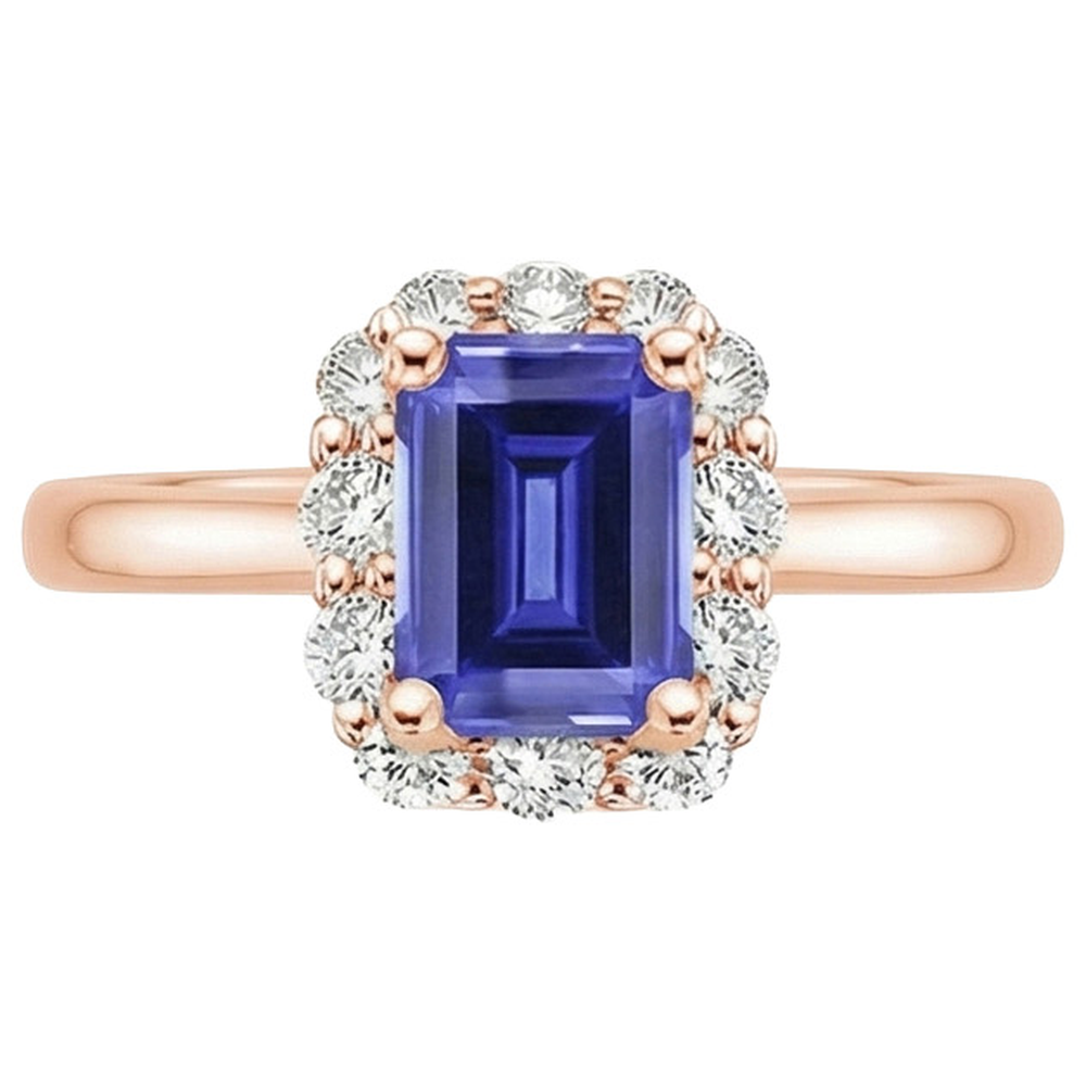 Rose Gold Women's Halo Ceylon Sapphire Emerald & Natural Earth Mined Diamond ( Not Lab Grown ) Ring 4 Carats