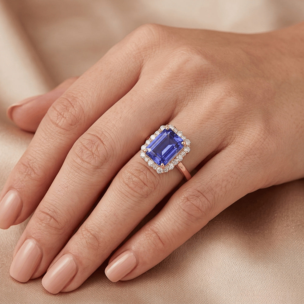 Rose Gold Women's Halo Ceylon Sapphire Emerald & Natural Earth Mined Diamond ( Not Lab Grown ) Ring 4 Carats