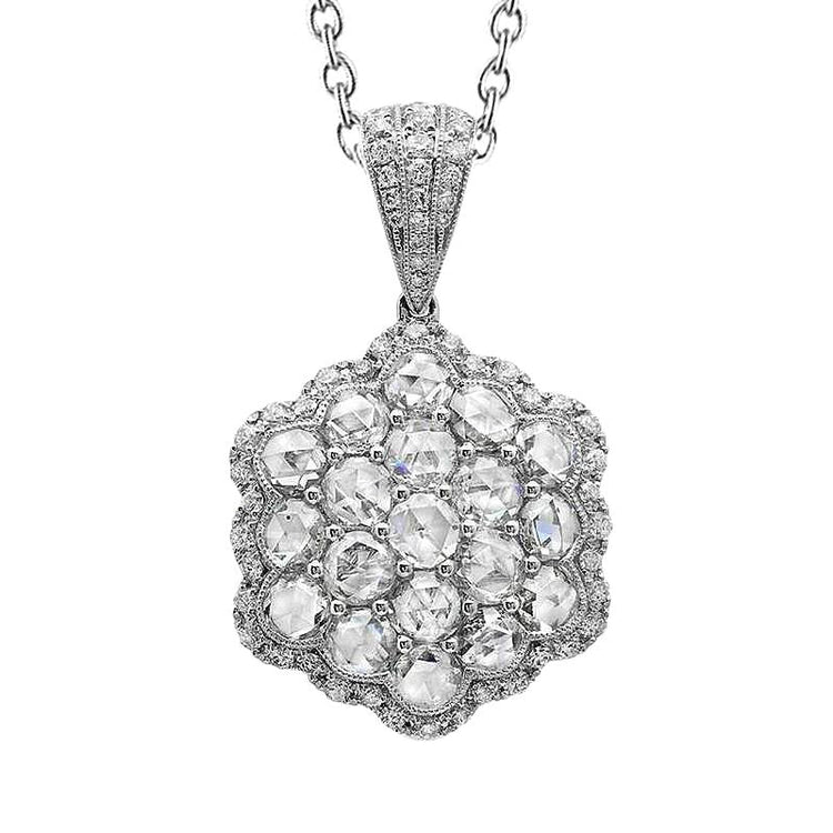 Rose Cut Real Diamonds Pendant Necklace 2.70 Carats White Gold 18K