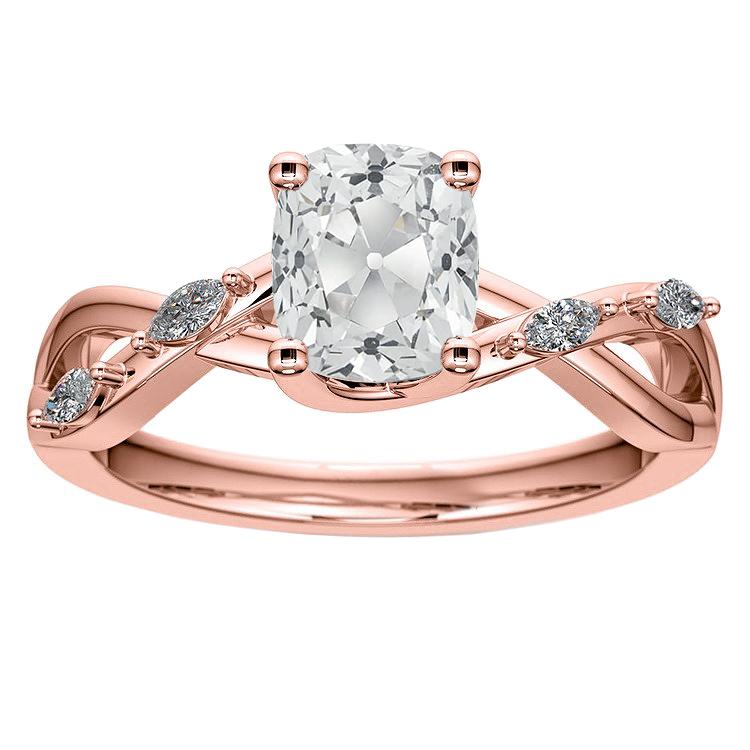 Rose Gold Cushion Old Cut Real Diamond Ring & Marquise Accents 4.75 Carats