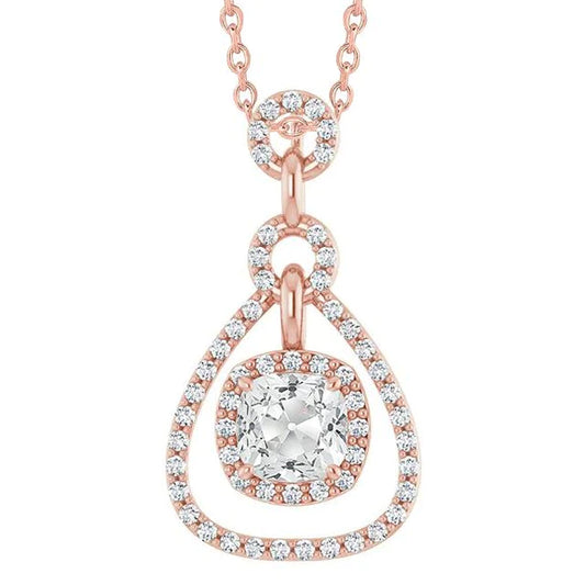 Rose Gold Halo Genuine Diamond Pendant Round & Cushion Old Miner 4 Carats