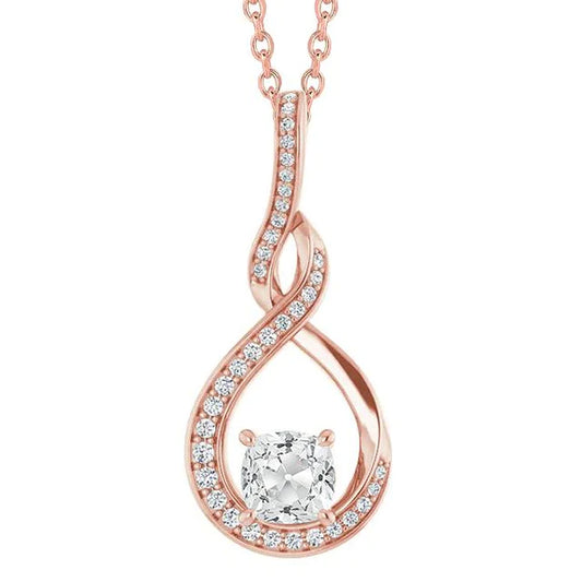 Rose Gold Natural Diamond Slide Pendant 3 Carats Round & Cushion Old Cut 14K