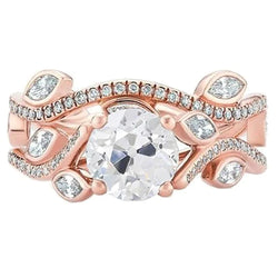 Rose Gold Old Cut Real Diamond Engagement Ring Band Set 2.75 Carats