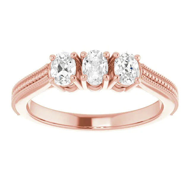 Rose Gold Oval Old Cut Real Diamond Ring Prong Set Beaded Style 4.50 Carats