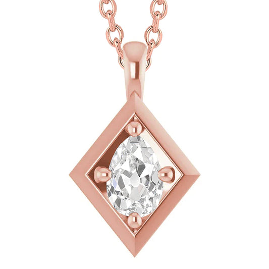 Rose Gold Real Diamond Pendant Oval Old Mine Cut 2 Carats Jewelry 14K