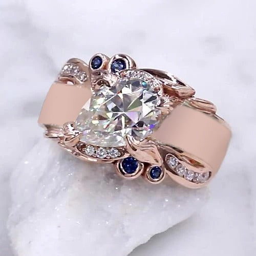 Rose Gold Real Diamond Ring 2.25 Carats Ceylon Sapphire Accents Jewelry