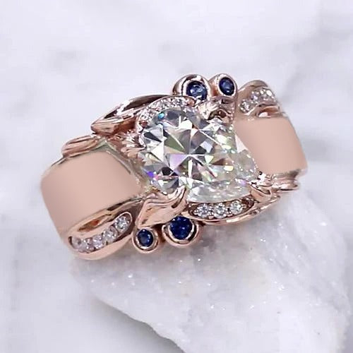 Rose Gold Real Diamond Ring 2.25 Carats Ceylon Sapphire Accents Jewelry