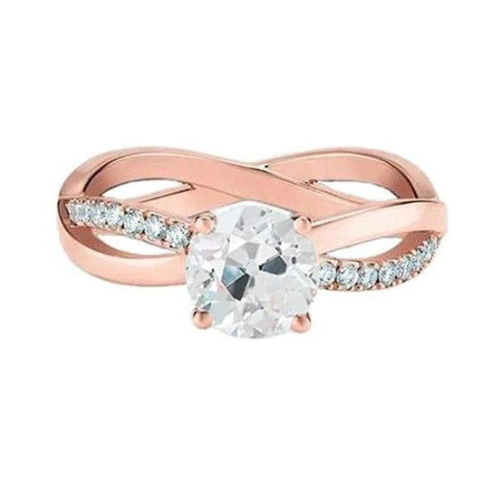 Rose Gold Round Old Mine Cut Genuine Diamond Ring Twisted Style 1.75 Carats