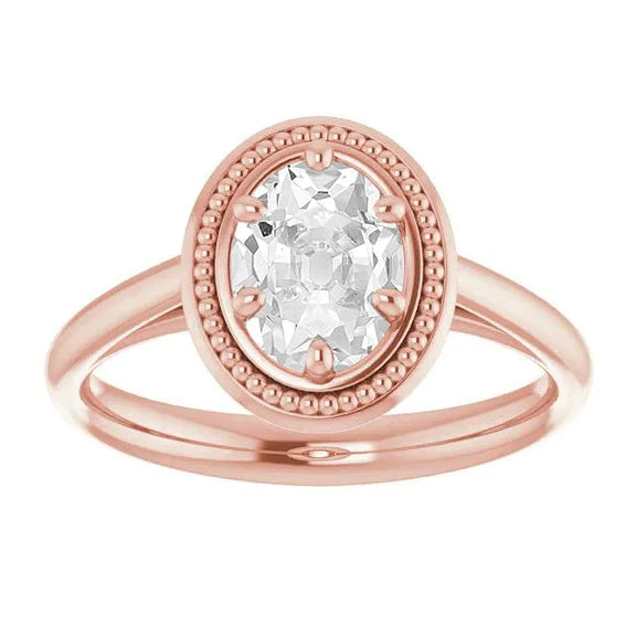 Rose Gold Solitaire Ring Oval Old Cut Natural Diamond Beaded Style 4 Carats