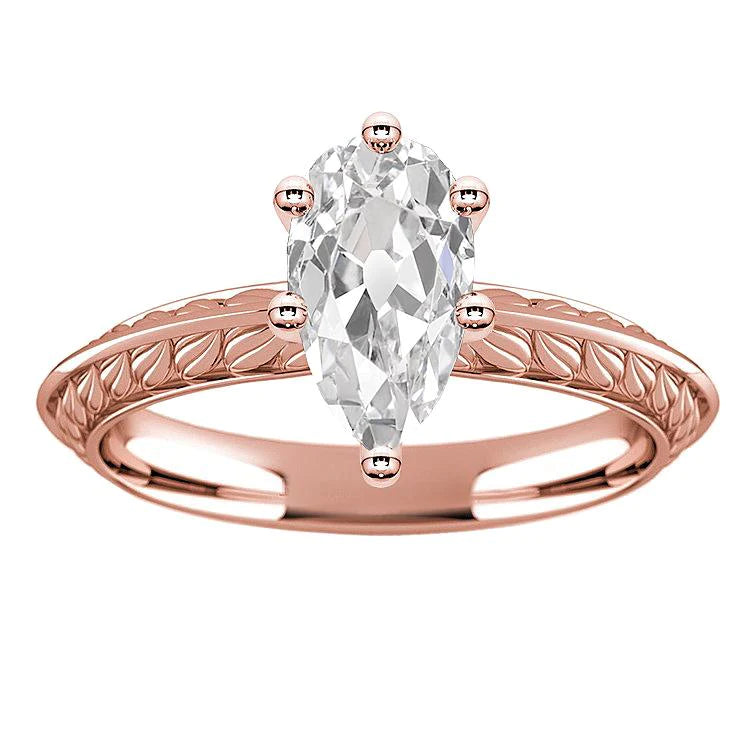 Rose Gold Solitaire Ring Pear Old Miner Real Diamond 3.50 Carats Jewelry