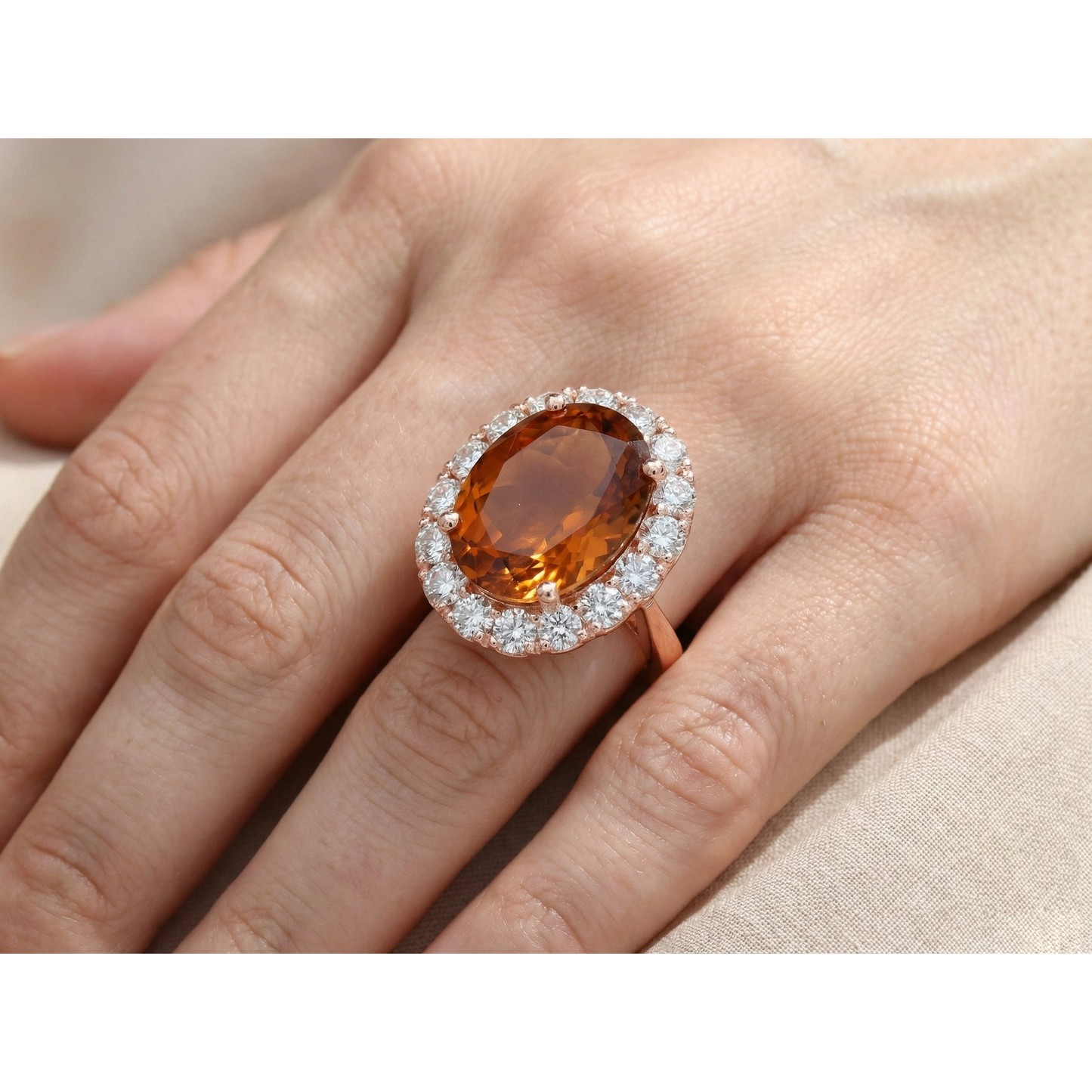natural round citrine 27.50ct ring on white background