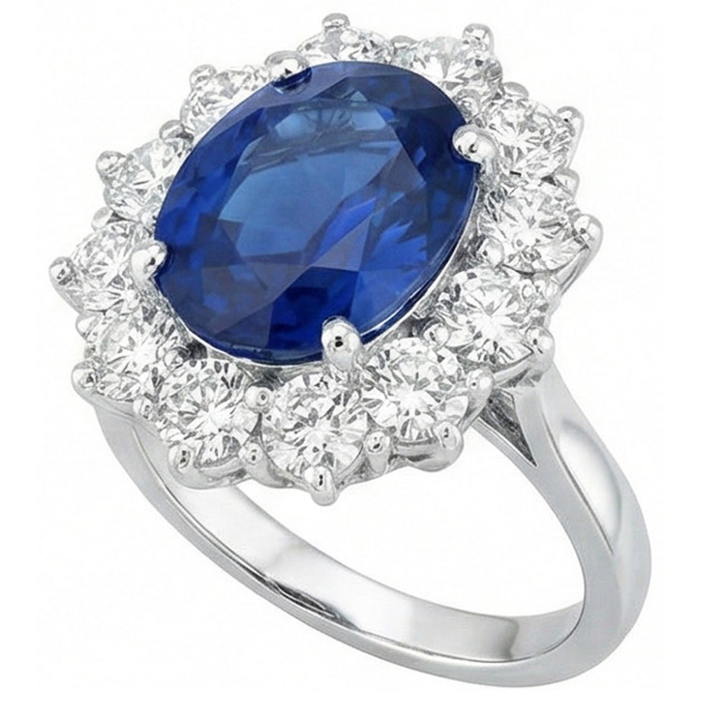 Round And Oval Ceylon Sapphire 6 Carat Natural Earth Mined Diamond ( Not Lab Grown )  Ring White Gold 14K