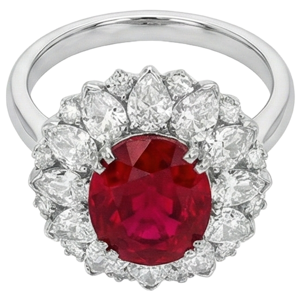 Round And Pear Cut Natural Earth Mined Diamond ( Not Lab Grown )s With Ruby Ring 17.75 Ct White Gold 14K