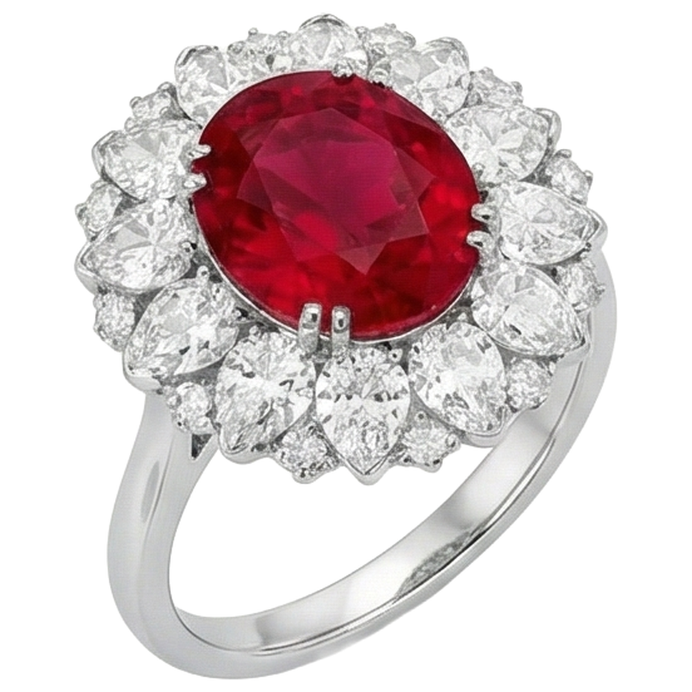 Round And Pear Cut Natural Earth Mined Diamond ( Not Lab Grown )s With Ruby Ring 17.75 Ct White Gold 14K