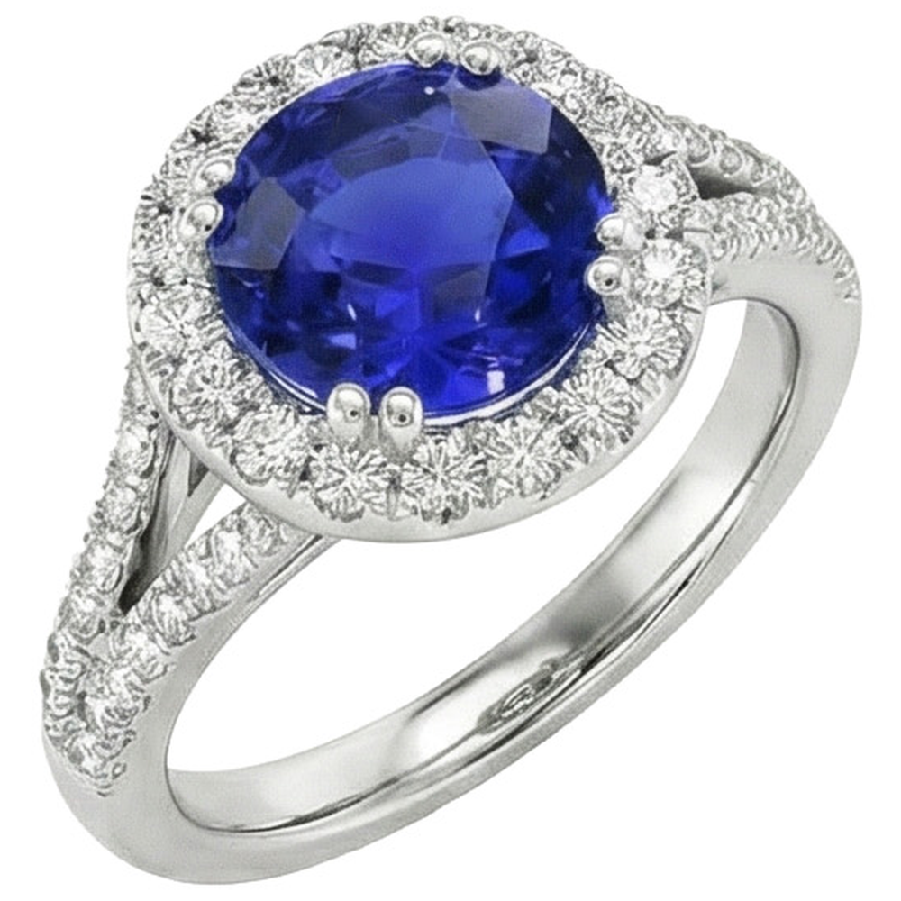 Round Blue Sapphire & Halo Natural Earth Mined Diamond ( Not Lab Grown ) Engagement Ring 10 Carats New
