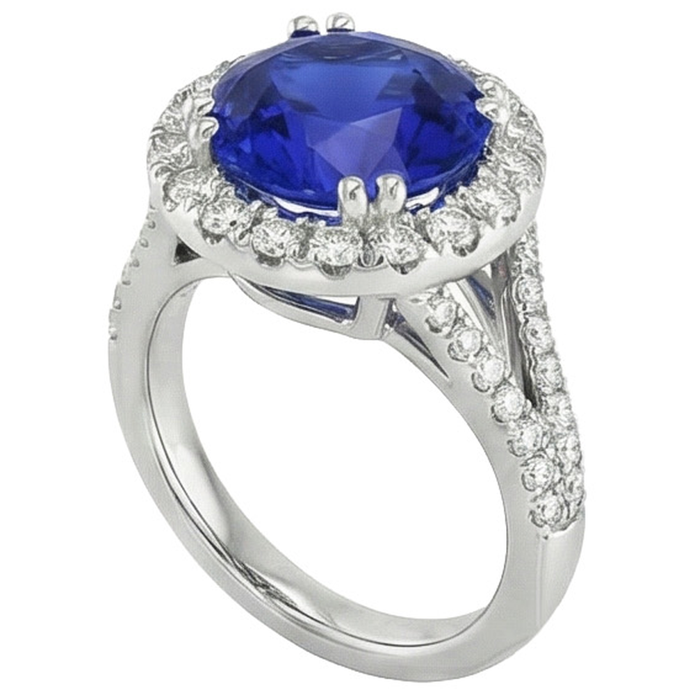 Round Blue Sapphire & Halo Natural Earth Mined Diamond ( Not Lab Grown ) Engagement Ring 10 Carats New