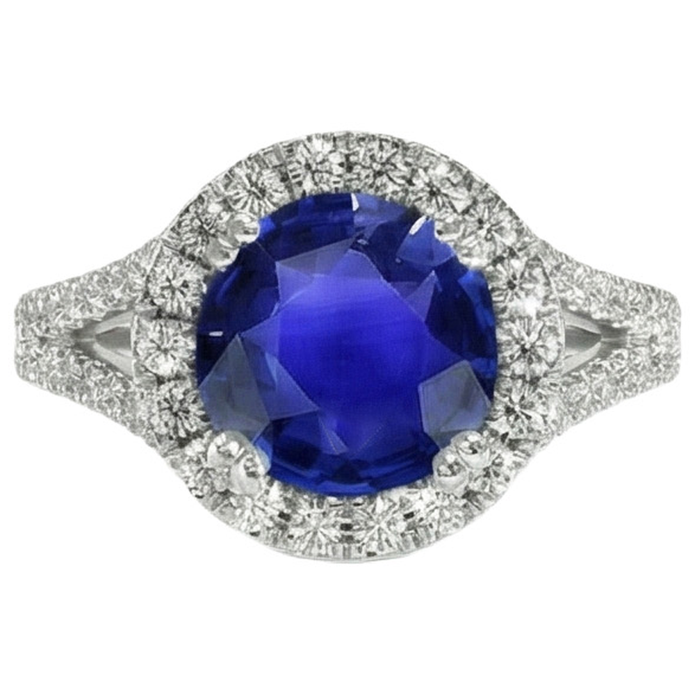 Round Blue Sapphire & Halo Natural Earth Mined Diamond ( Not Lab Grown ) Engagement Ring 10 Carats New
