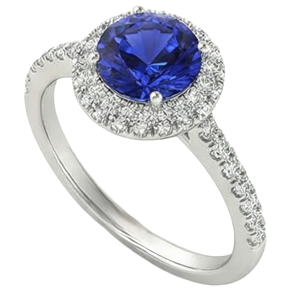 natural round tanzanite 6.75ct ring close up detail