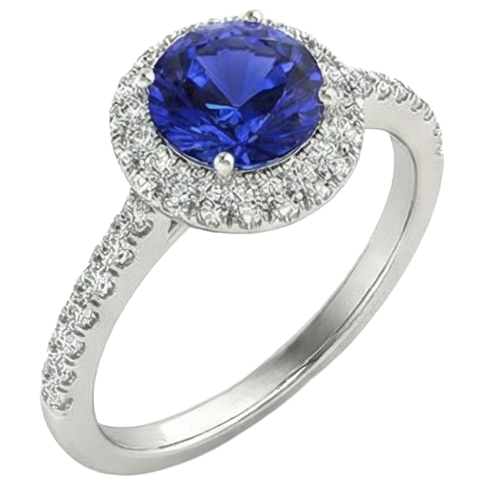 natural round tanzanite 6.75ct ring top view
