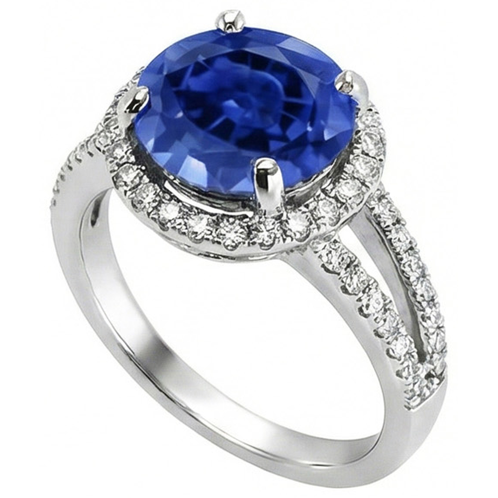 Lab Grown Blue Sapphire Ring 3.5 Ct Round Halo White Gold 14K