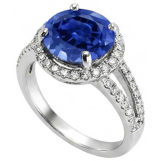 Lab Grown Blue Sapphire Ring 3.5 Ct Round Halo White Gold 14K