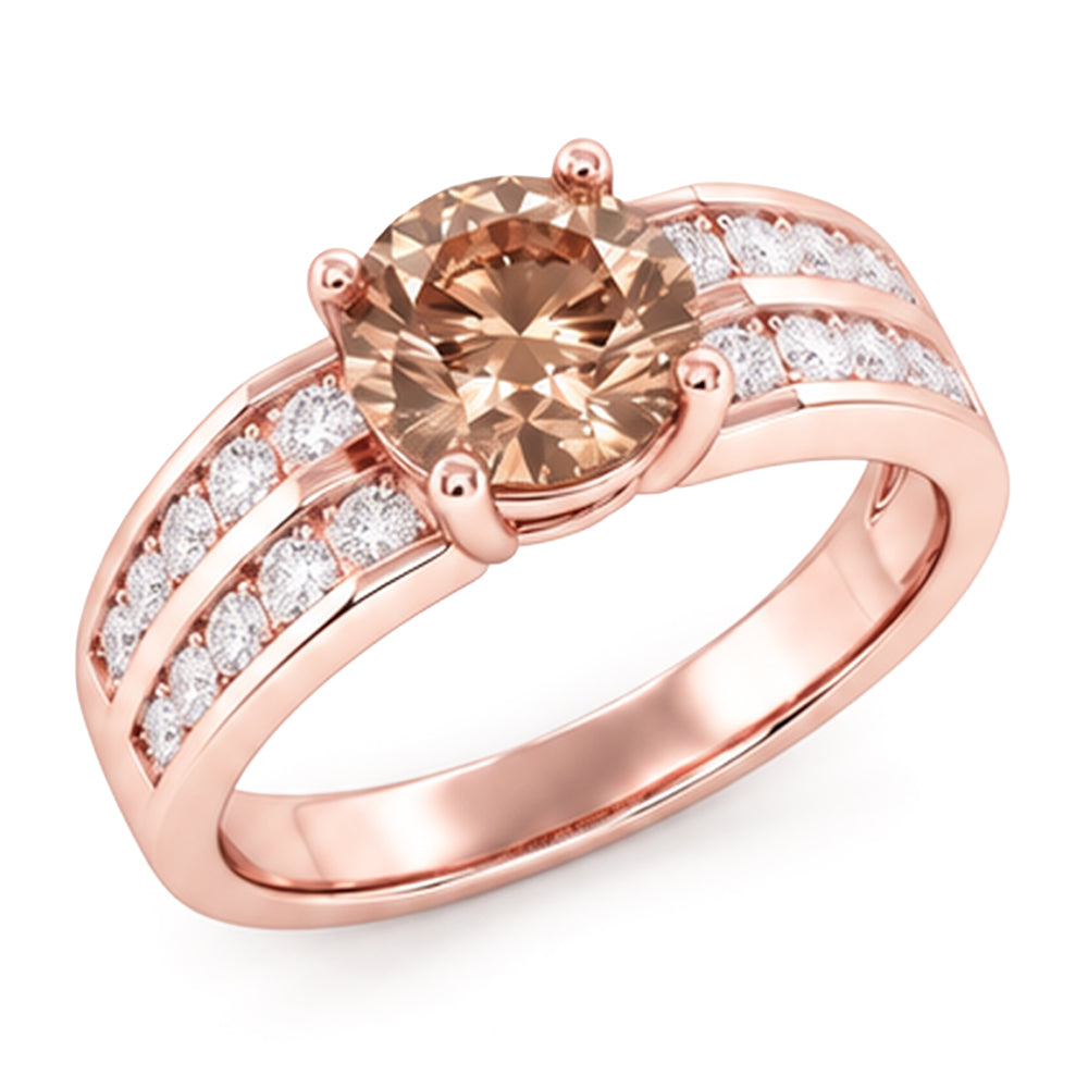 Round Brown Champagne Real Natural Earth Mined Diamond ( Not Lab Grown )  Gemstone Ring 2.5 Carat Rose Gold 14K
