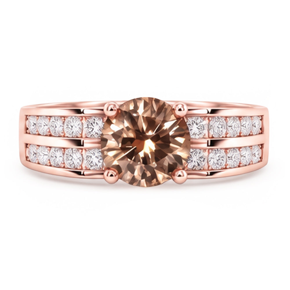Round Brown Champagne Real Natural Earth Mined Diamond ( Not Lab Grown )  Gemstone Ring 2.5 Carat Rose Gold 14K