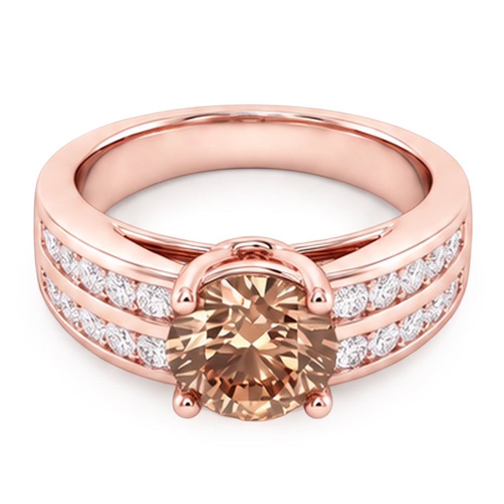 Round Brown Champagne Real Natural Earth Mined Diamond ( Not Lab Grown )  Gemstone Ring 2.5 Carat Rose Gold 14K